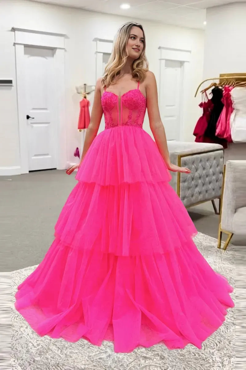 Glamorous Hot Pink A-Line Sweetheart  Neck Sleeveless Lace Bodice Tiered Ruffled Tulle Lace Up Floor-Length Prom Dress