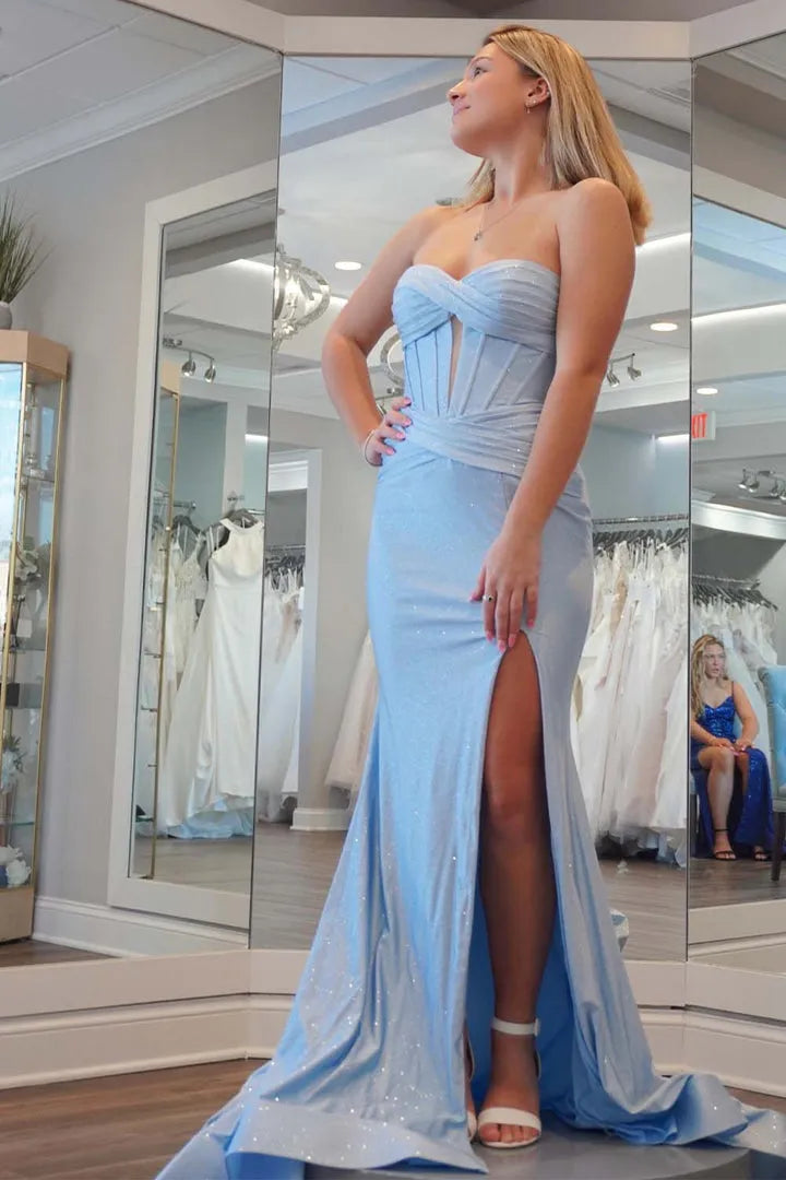 Glamorous Light Blue Mermaid Strapless Sleeveless Corset Lace Up Floor-Length Slit Prom Dress