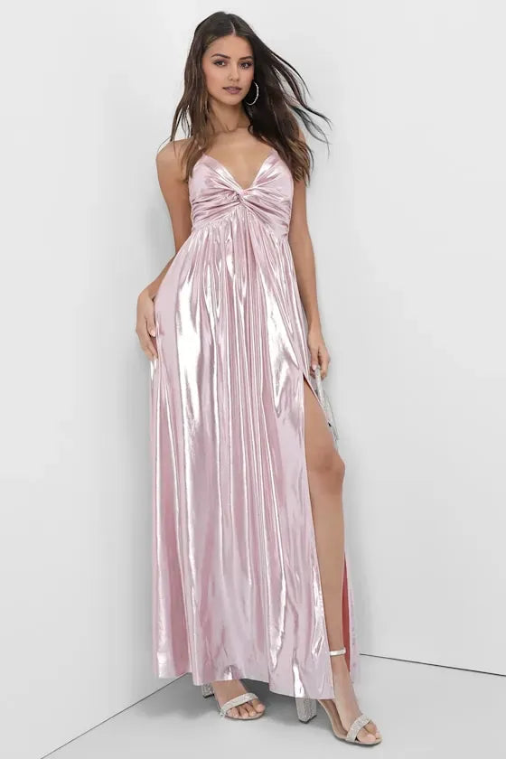 Glamorous Light Pink A-Line Deep V-Neck Spaghetti Straps Metallic Crisscross Back Floor-Length Prom Dress with Slit