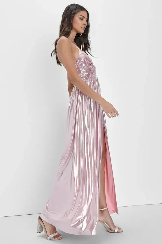 Glamorous Light Pink A-Line Deep V-Neck Spaghetti Straps Metallic Crisscross Back Floor-Length Prom Dress with Slit