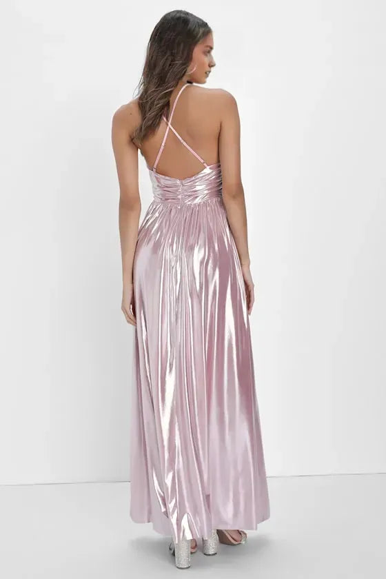 Glamorous Light Pink A-Line Deep V-Neck Spaghetti Straps Metallic Crisscross Back Floor-Length Prom Dress with Slit