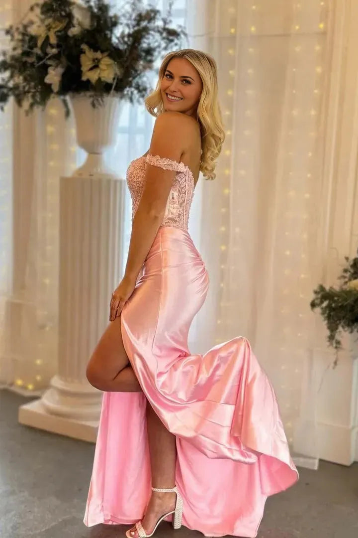 Glamorous Light Pink Mermaid Off-Shoulder Sleeveless Lace Backless Floor-Length Prom Dress with Slit
