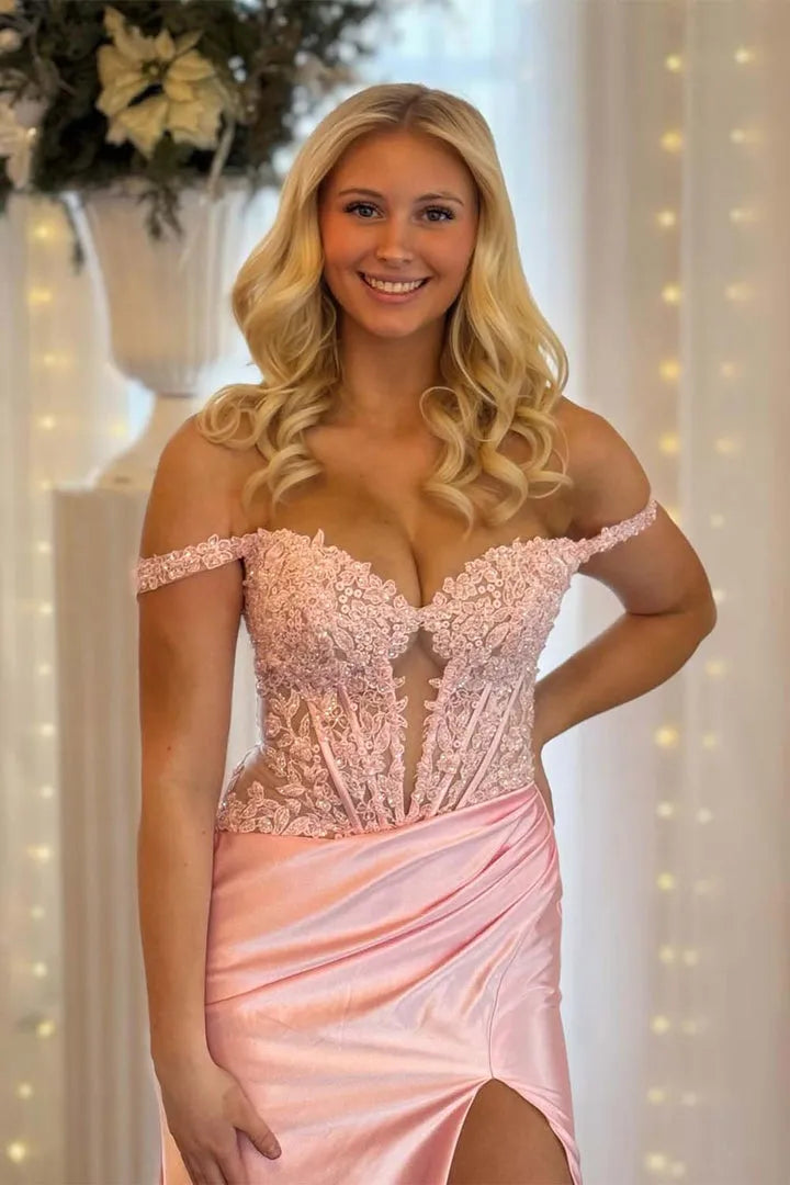 Glamorous Light Pink Mermaid Off-Shoulder Sleeveless Lace Backless Floor-Length Prom Dress with Slit