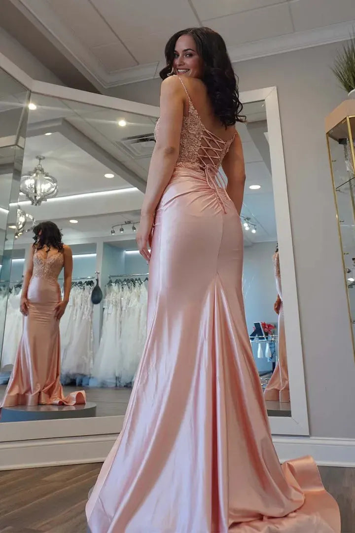 Glamorous Light Pink Mermaid V-Neck Sleeveless Appliques Lace-Up Floor-Length Prom Dress women Custom