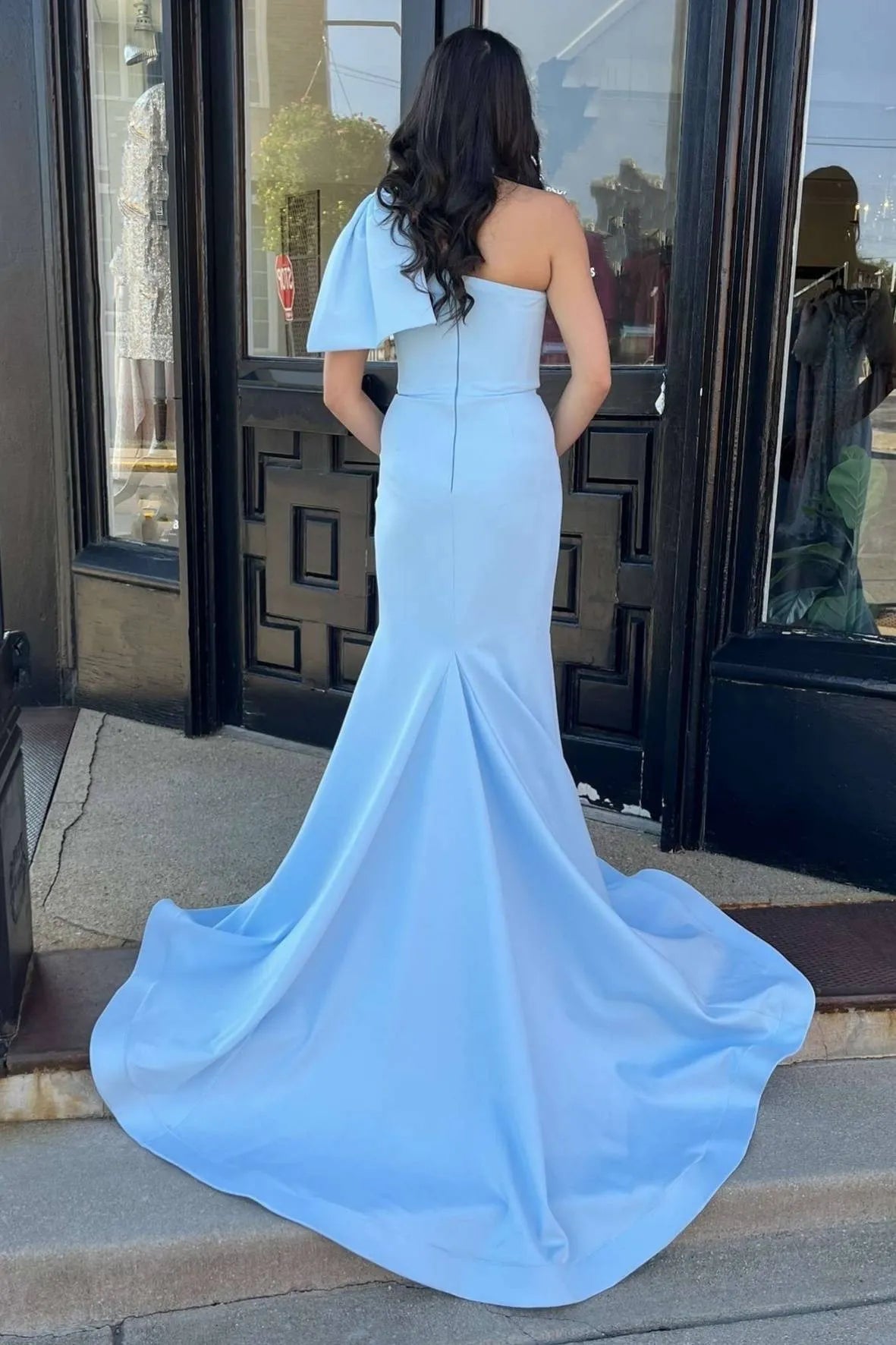 Glamorous Ligtnt Blue Mermaid One-Shoulder Sleeveless Draped-Accent Back Zip Floor-Length Prom Dress Hot Sale