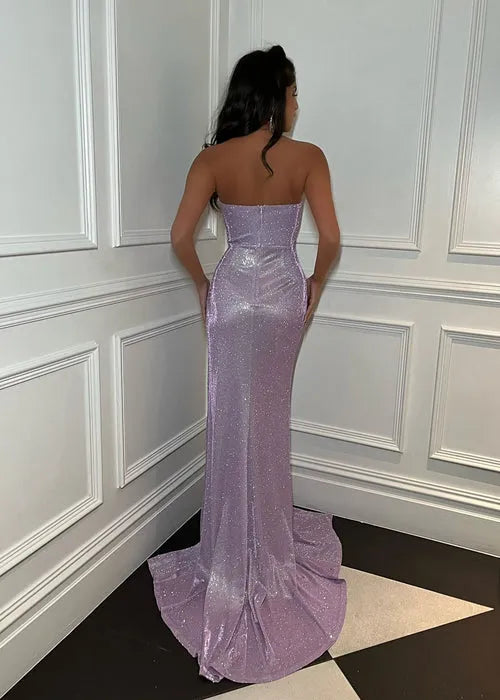 Glamorous Lilac Mermaid Plunging V-Neck Sleeveless Glittery Ruched Back Zip High-Slit Floor-Length Prom Dresses women for sale