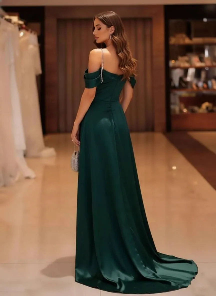 Glamorous Mermaid Cold-Shoulder Short-Sleeve Open-Back Floor-Length Evening Dresses