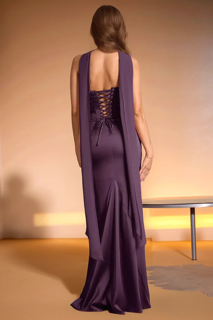 Glamorous Mermaid Cowl Neck Halter Strap Lace Up Back Floor Length Bridesmaid Dresses