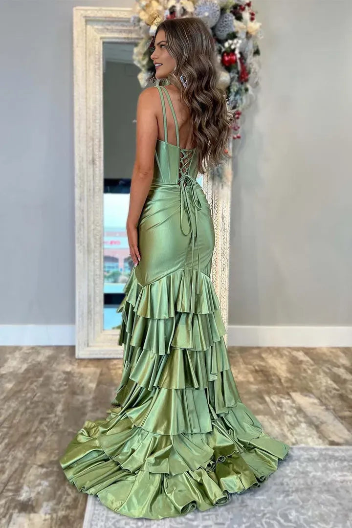 Glamorous Mermaid Deep V-Neck Spaghetti Strap Sleeveless Lace-Up Back Floor-Length Prom Dresses hot sale