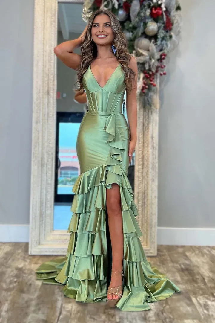 Glamorous Mermaid Deep V-Neck Spaghetti Strap Sleeveless Lace-Up Back Floor-Length Prom Dresses hot sale