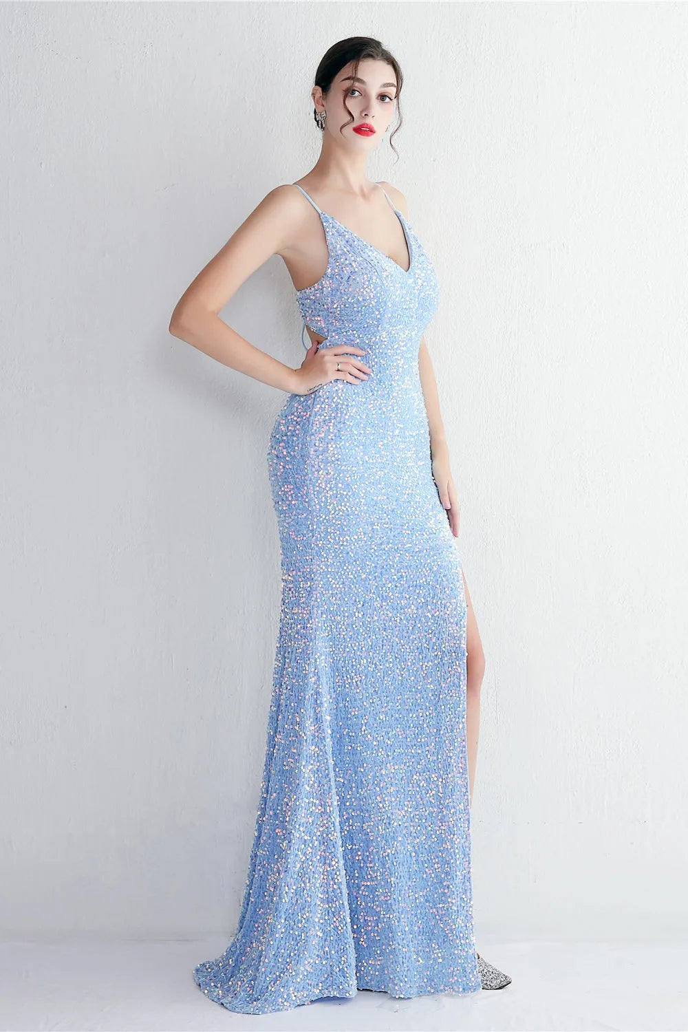 Glamorous Mermaid Deep V Neck Spaghetti Strap Criss Cross Back Floor Length Party Dresses