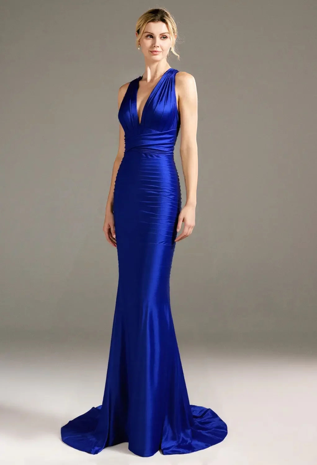 Glamorous Mermaid Deep V Sleeveless Cross-Back Floor-Length Evening Dresses