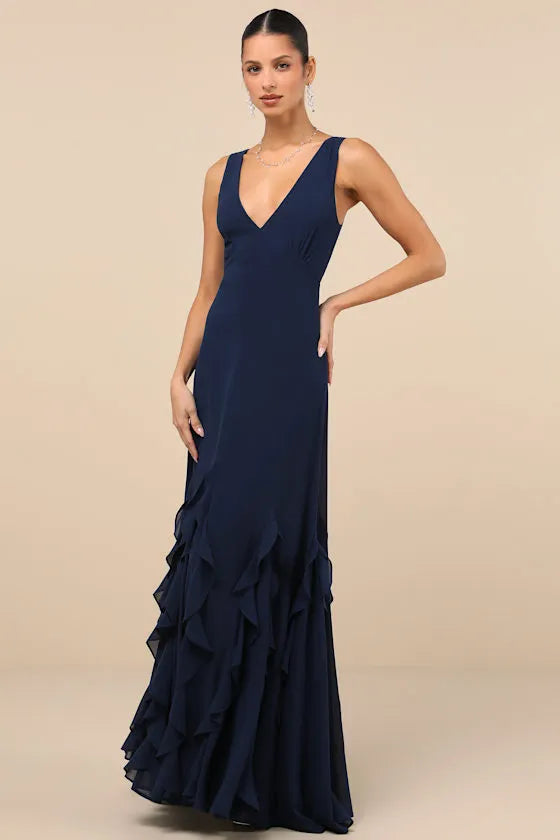 Glamorous Mermaid Deep V Sleeveless Open Back Ruffled Floor Length Formal Prom Dresses