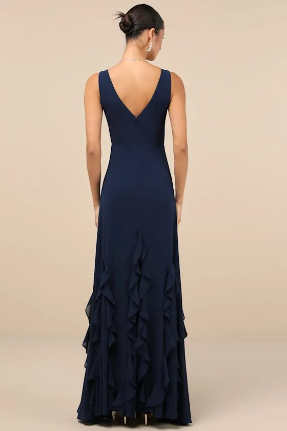 Glamorous Mermaid Deep V Sleeveless Open Back Ruffled Floor Length Formal Prom Dresses