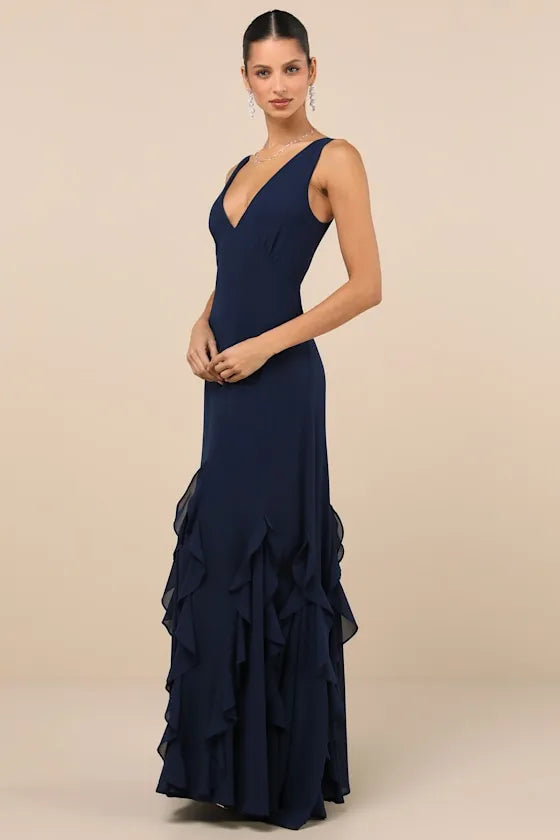 Glamorous Mermaid Deep V Sleeveless Open Back Ruffled Floor Length Formal Prom Dresses