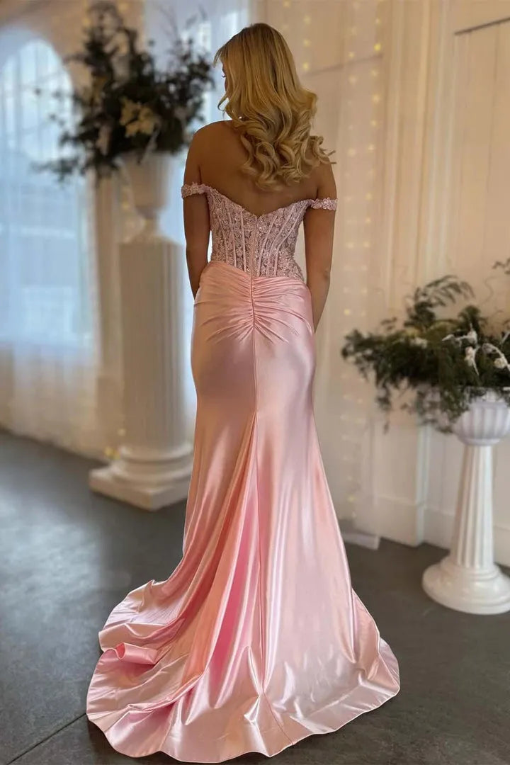Glamorous Mermaid Off-Shoulder Sleeveless Ruched-Back Floor-Length Prom Dress