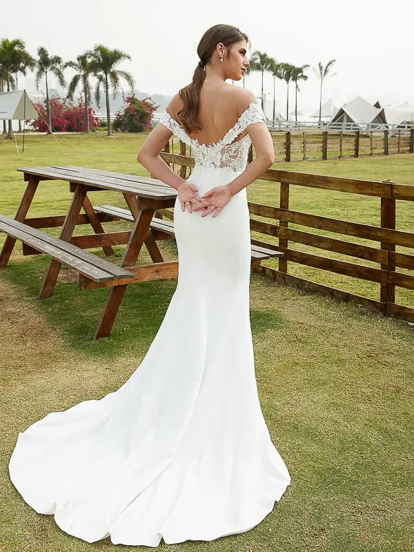 Glamorous Mermaid Off-The-Shoulder Lace Sleeve Open Back Train Wedding Dresses