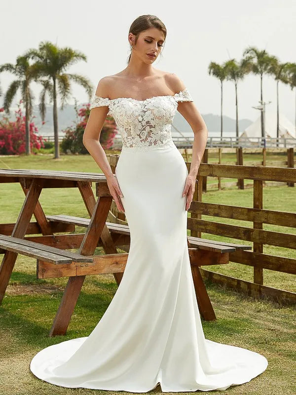 Glamorous Mermaid Off-The-Shoulder Lace Sleeve Open Back Train Wedding Dresses