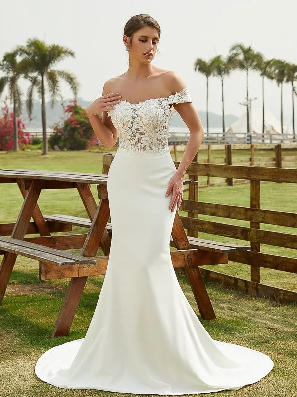 Glamorous Mermaid Off-The-Shoulder Lace Sleeve Open Back Train Wedding Dresses