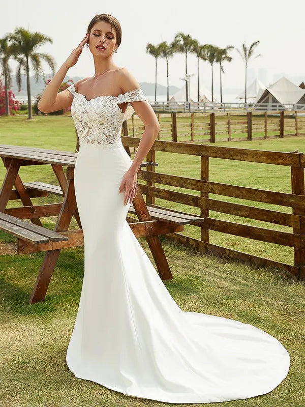 Glamorous Mermaid Off-The-Shoulder Lace Sleeve Open Back Train Wedding Dresses