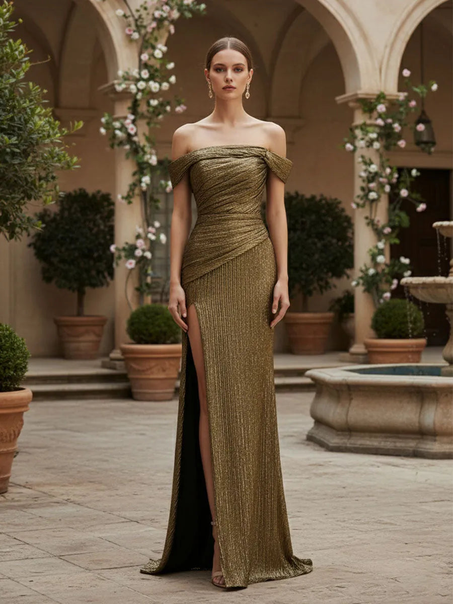 Glamorous Mermaid Off-The-Shoulder Ruched Back Floor-Length Prom Dresses