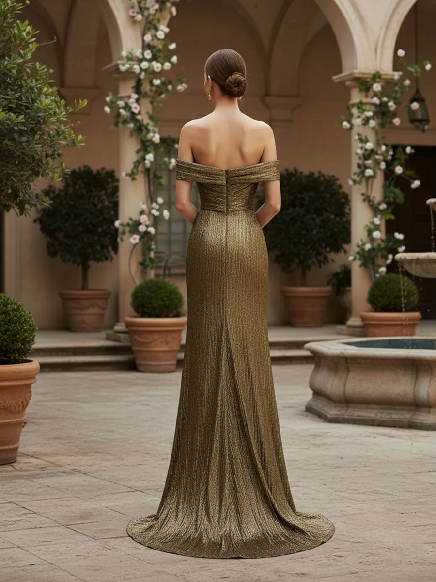 Glamorous Mermaid Off-The-Shoulder Ruched Back Floor-Length Prom Dresses