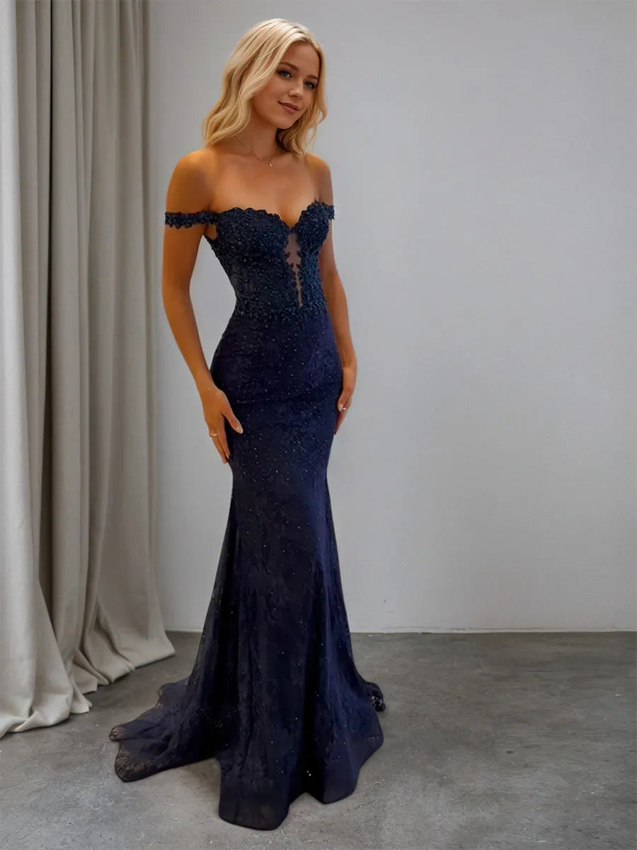 Glamorous Mermaid Off-The-Shoulder V-Neck Open Back Floor-Length Prom Dresses