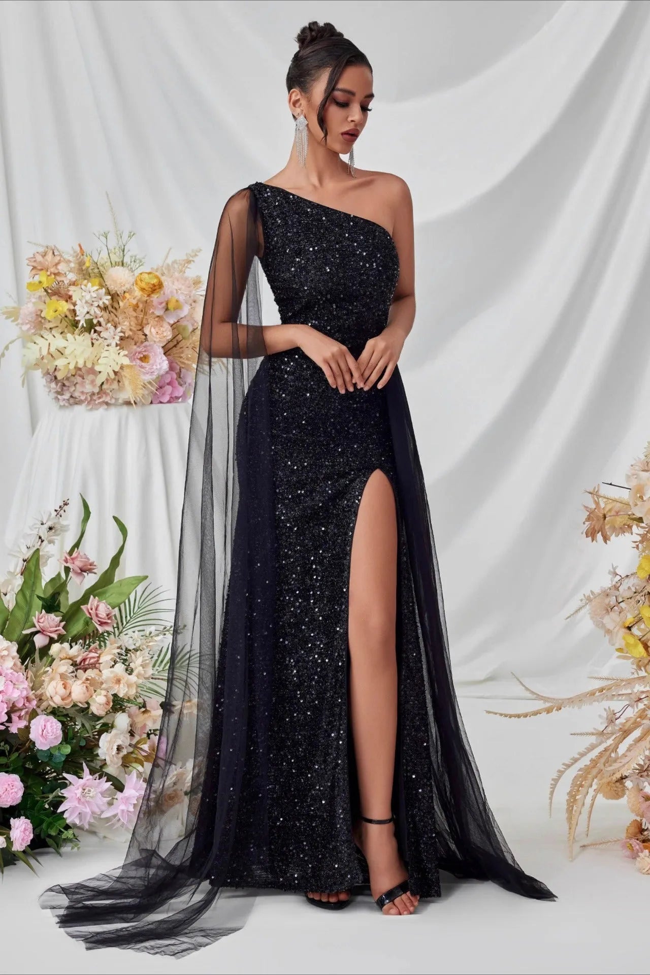 Glamorous Mermaid One-Shoulder Sheer Cape Sequin Back Floor-Length Formal Dresses