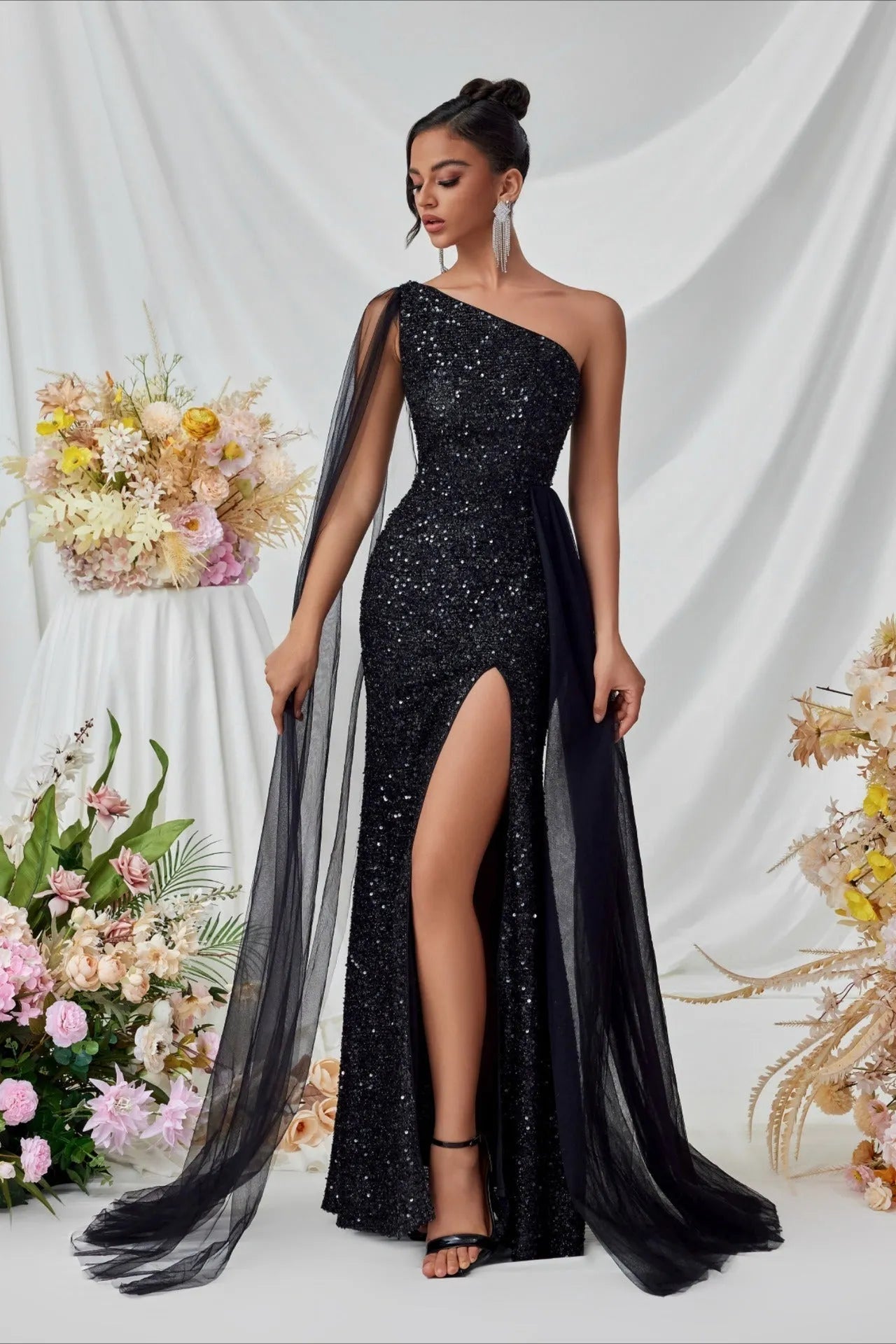 Glamorous Mermaid One-Shoulder Sheer Cape Sequin Back Floor-Length Formal Dresses