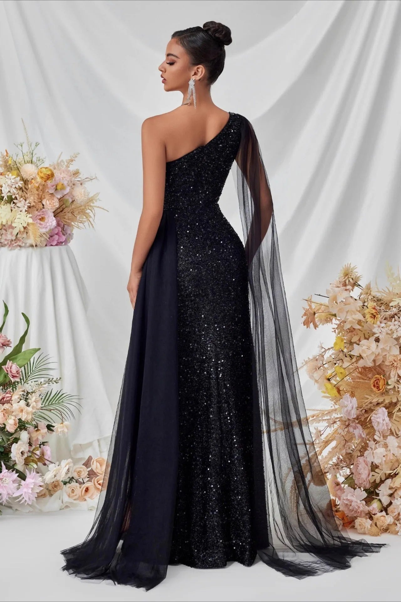 Glamorous Mermaid One-Shoulder Sheer Cape Sequin Back Floor-Length Formal Dresses