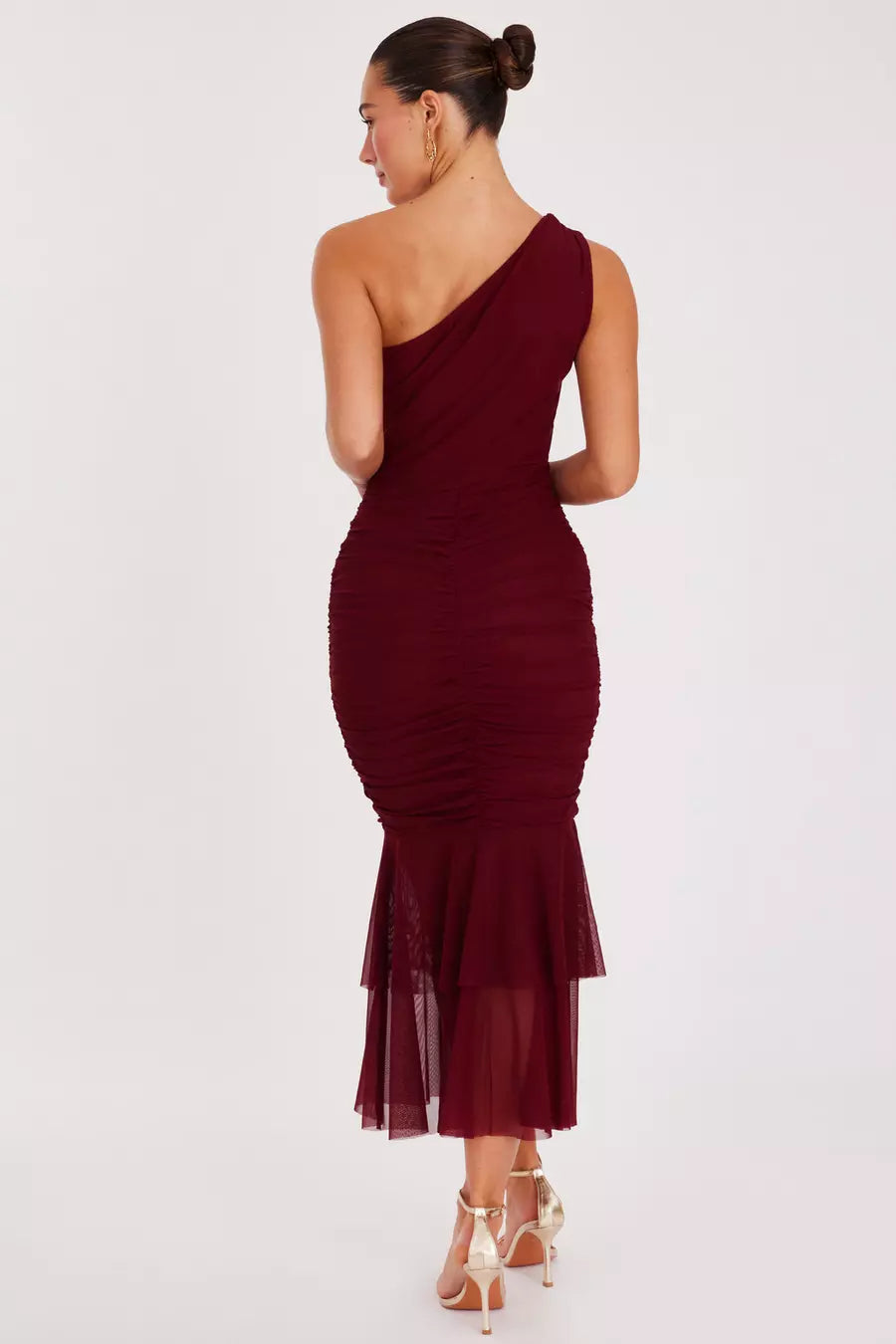 Glamorous Mermaid One Shoulder Ruched Back Midi Length Formal Prom Dresses