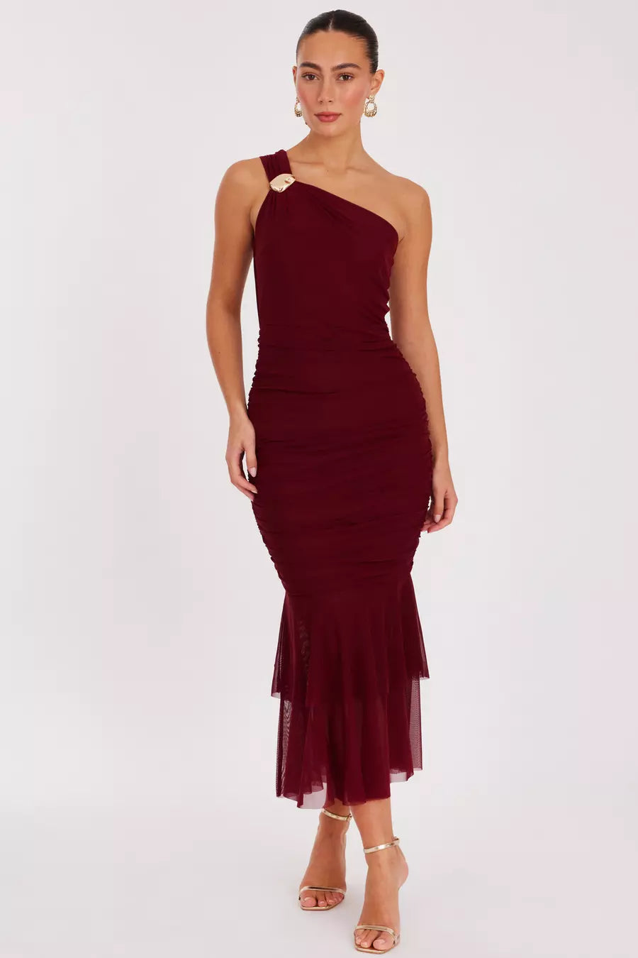 Glamorous Mermaid One Shoulder Ruched Back Midi Length Formal Prom Dresses