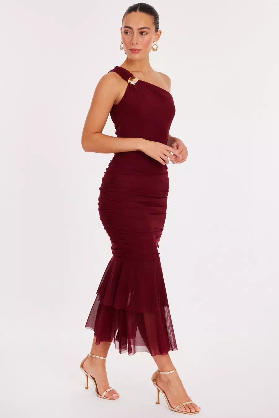 Glamorous Mermaid One Shoulder Ruched Back Midi Length Formal Prom Dresses