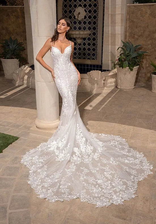 Glamorous Mermaid Plunge Neck Spaghetti Strap Lace Back Train Wedding Dresses