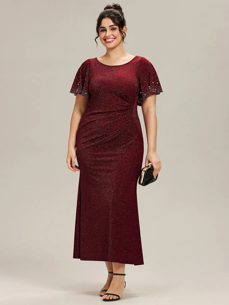 Glamorous Mermaid Round Neck Cape Sleeve Zipper Back Midi-Length Plus Size Dresses