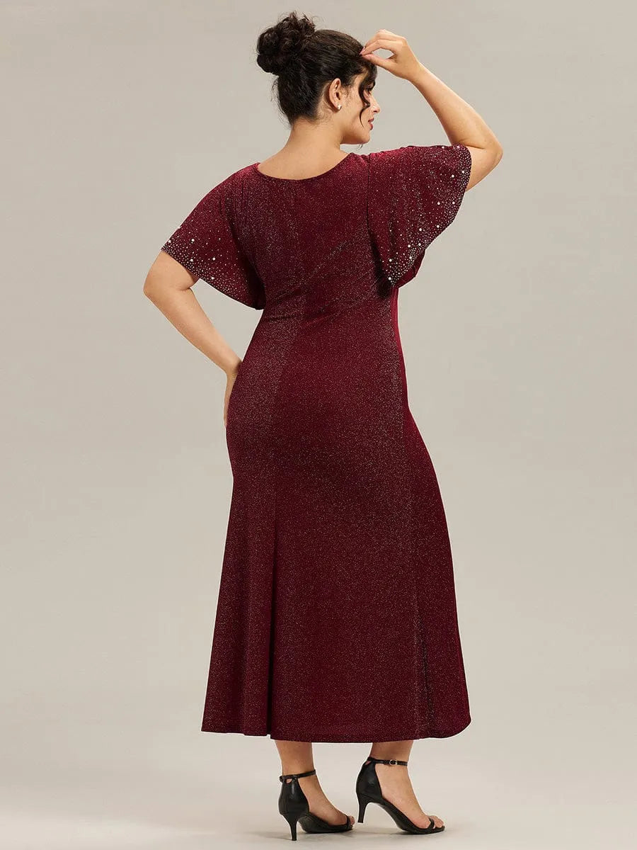 Glamorous Mermaid Round Neck Cape Sleeve Zipper Back Midi-Length Plus Size Dresses