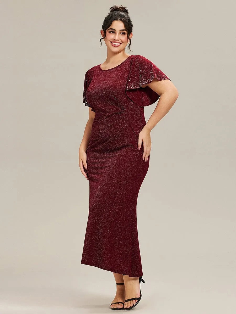 Glamorous Mermaid Round Neck Cape Sleeve Zipper Back Midi-Length Plus Size Dresses