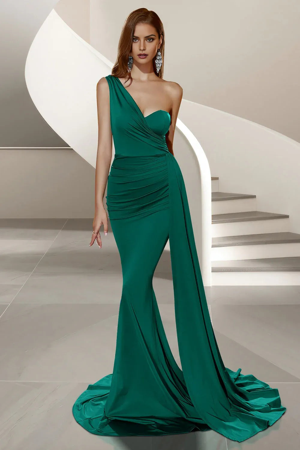 Glamorous Mermaid Satin One-Shoulder Sleeveless Ruched Open-Back Floor-Length Prom Dresses with Side Cape