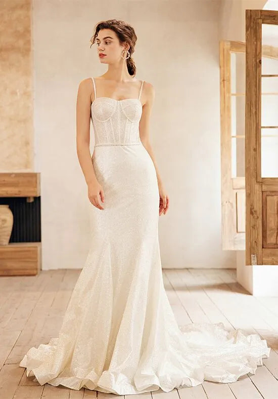 Glamorous Mermaid Spaghetti Strap Glitter Back Train Wedding Dresses