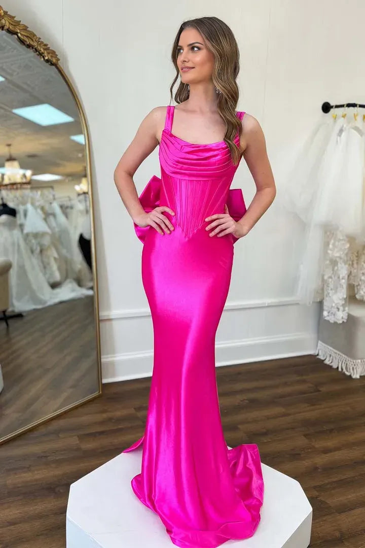 Glamorous Mermaid Square-Neck Straps Sleeveless Floor-Length Prom Dresses with Bow