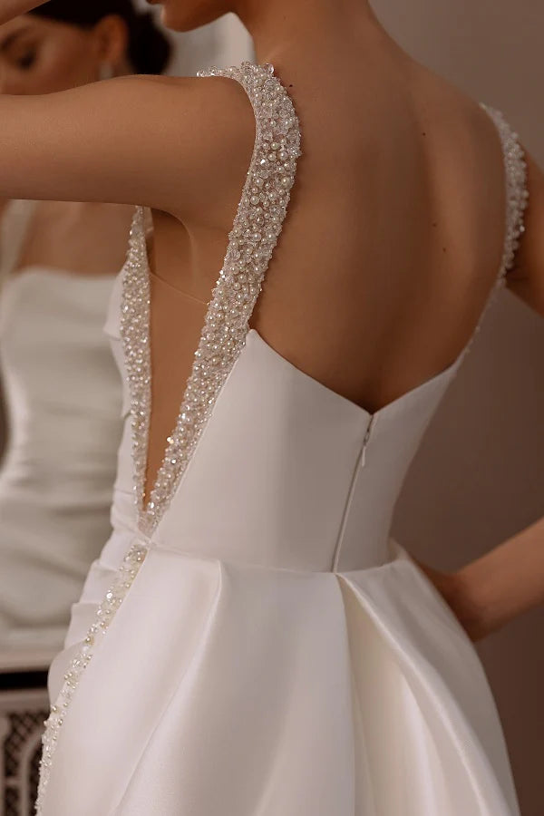 Glamorous Mermaid Square Neck Beaded Strap Open Back Train Wedding Dresses