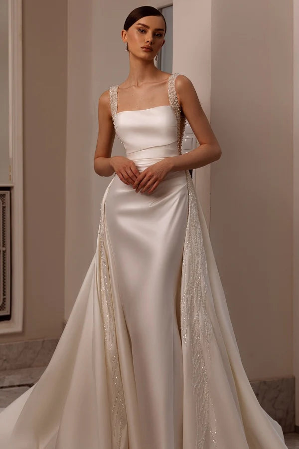 Glamorous Mermaid Square Neck Beaded Strap Open Back Train Wedding Dresses