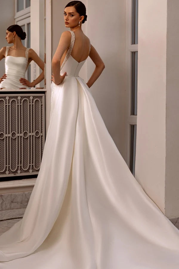 Glamorous Mermaid Square Neck Beaded Strap Open Back Train Wedding Dresses