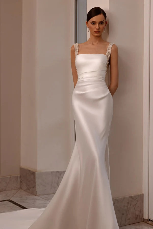 Glamorous Mermaid Square Neck Beaded Strap Open Back Train Wedding Dresses