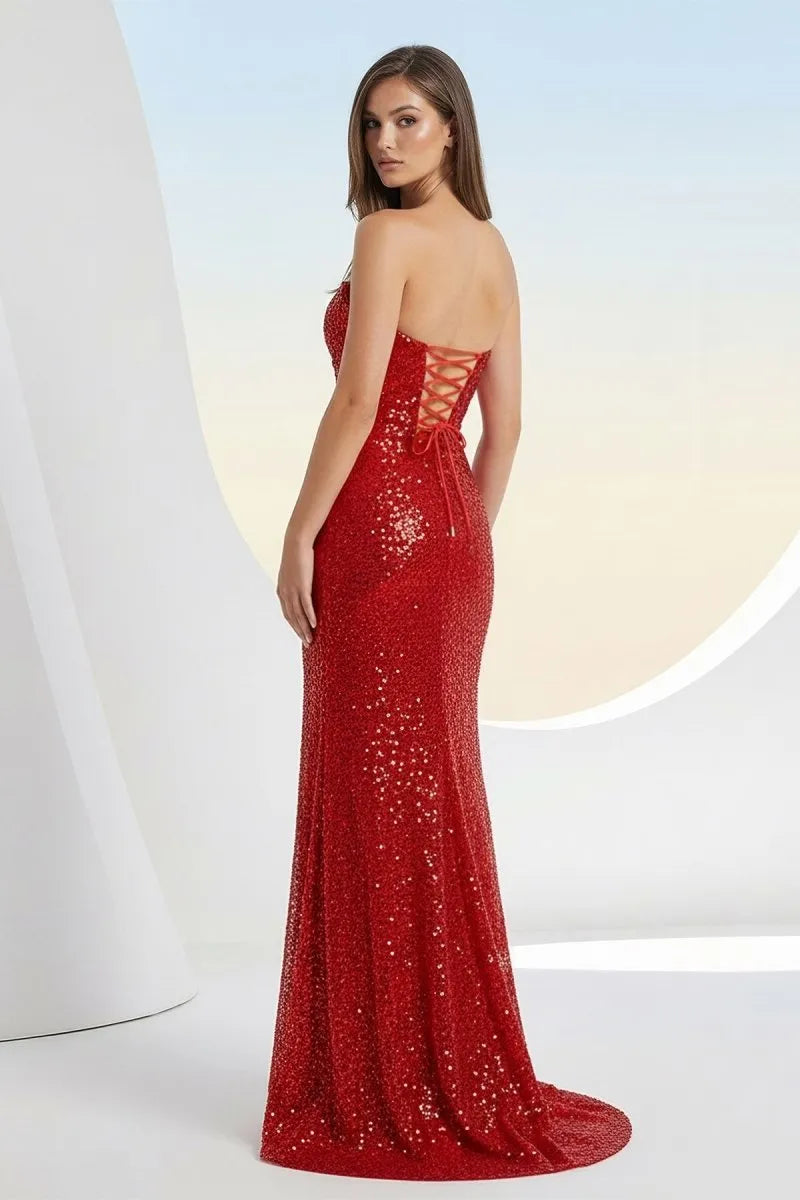 Glamorous Mermaid Strapless Sleeveless Lace-Up-Back Floor-Length Prom Dress