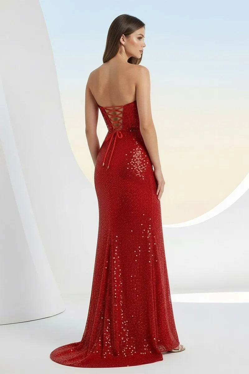 Glamorous Mermaid Strapless Sleeveless Lace-Up-Back Floor-Length Prom Dress