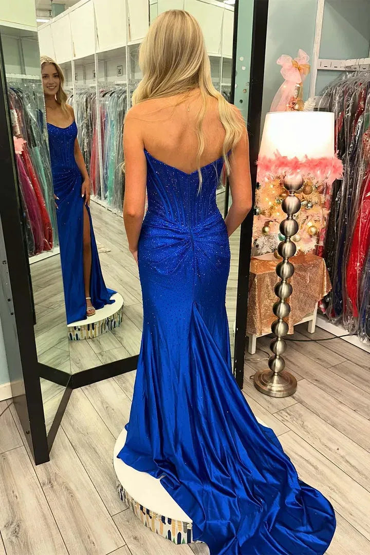 Glamorous Mermaid Strapless Sleeveless Open-Back Floor-Length Prom Dresses