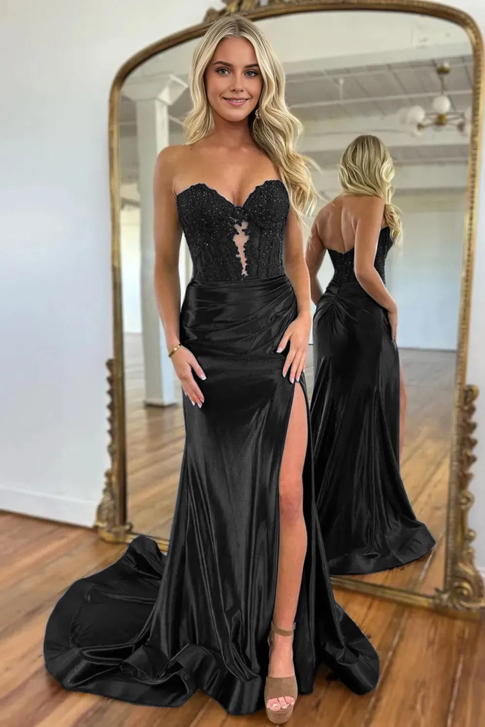Glamorous Mermaid Sweetheart Neck Sleeveless Open-Back Back Zip Floor-Length Prom Dress With Split