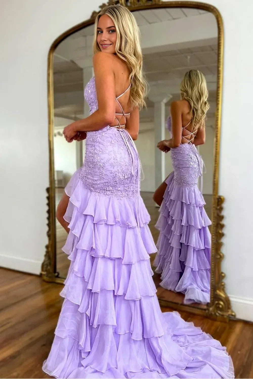 Glamorous Mermaid Sweetheart Neck Spaghetti Straps Lace Up Floor-Length Prom Dress with Ruffle Skirt