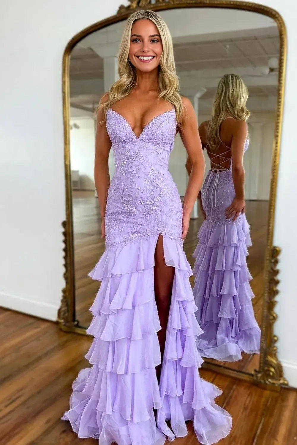 Glamorous Mermaid Sweetheart Neck Spaghetti Straps Lace Up Floor-Length Prom Dress with Ruffle Skirt